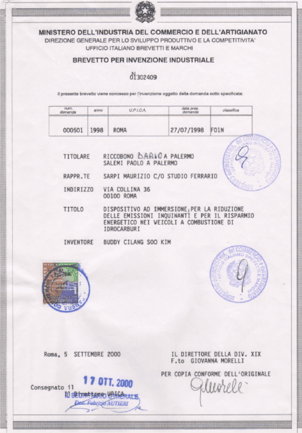Italian Patent Certificate